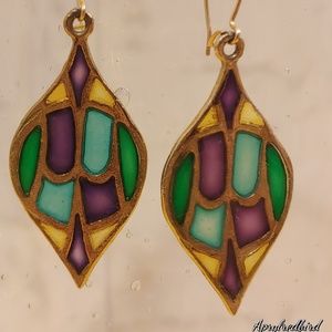 Vintage Goldtone Stained Glass Danlge Earrings